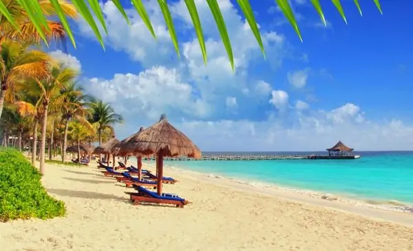 Beach: palms, white sand and turquoise water in Cancún