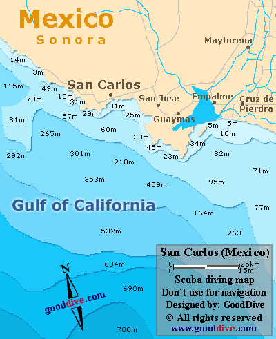 Map of San Carlos and Guaymas, Mexico, showing depths, locations, and a scuba diving map with a note not for navigation.